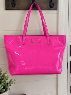 KATE SPADE Hot Pink Patent Logo Tote. Perforated HEARTS.